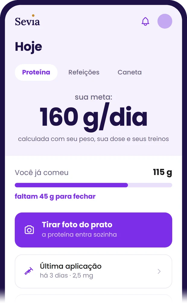 Tela do app Sevia com a meta de proteína de 160 g por dia calculada para a pessoa